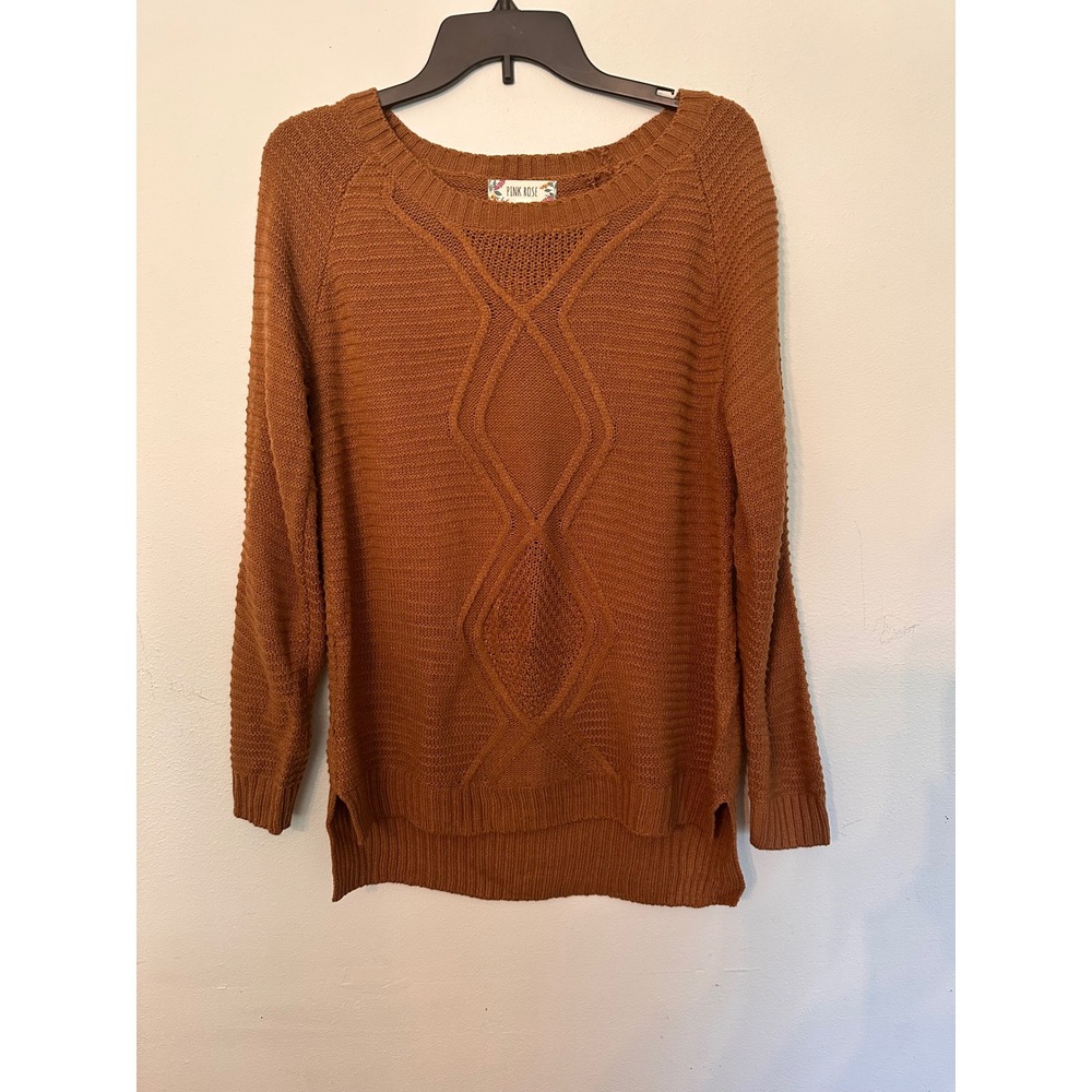 Pink Rose Cable Knit Sweater Womens Large Brown Excellent High Low Raglan PF9S21